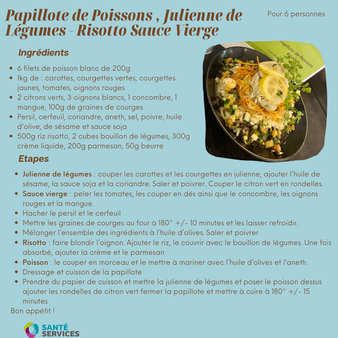 Pôle catering - Recette : Papillote de poissons, Julienne de légumes, risotto sauce vierge